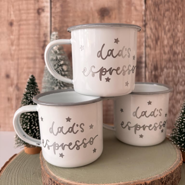 Dad's Espresso Mug: Enamel Camping Mug with Silver Vinyl