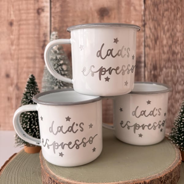 Dad's Espresso Mug: Enamel Camping Mug with Silver Vinyl