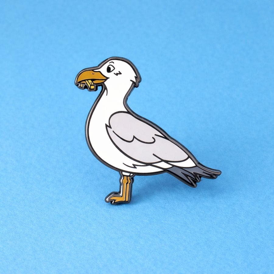 Seagull “Chip Thief” Enamel Pin – Quirky Coastal Bird Badge
