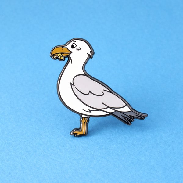 Seagull “Chip Thief” Enamel Pin – Quirky Coastal Bird Badge