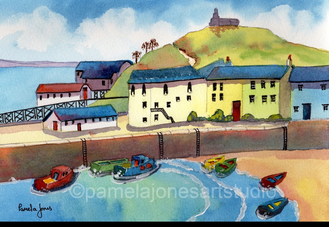  In The Harbour, Tenby, Pembrokeshire,Watercolour Print, in 8 x 6'' Mount