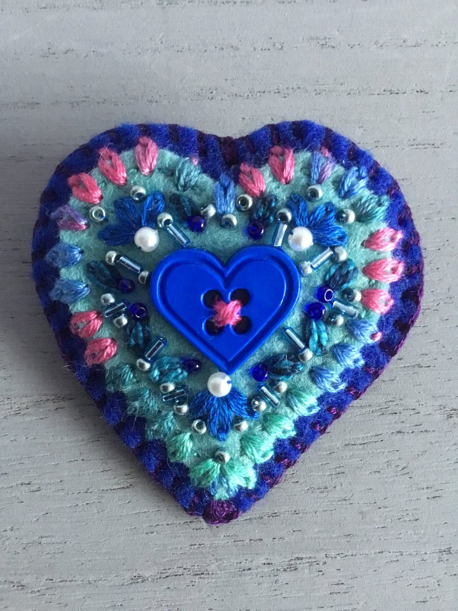 Hand Embroidered Blue Heart Brooch 