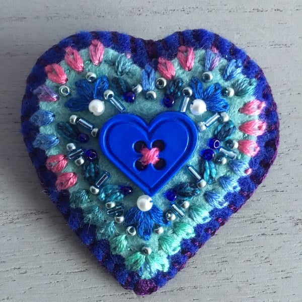 Hand Embroidered Blue Heart Brooch 