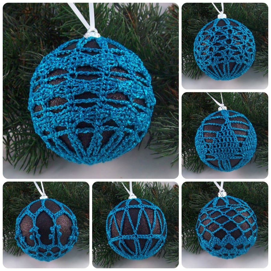 Christmas baubles boxed set of 6 large decorated with crochet lace (A44)