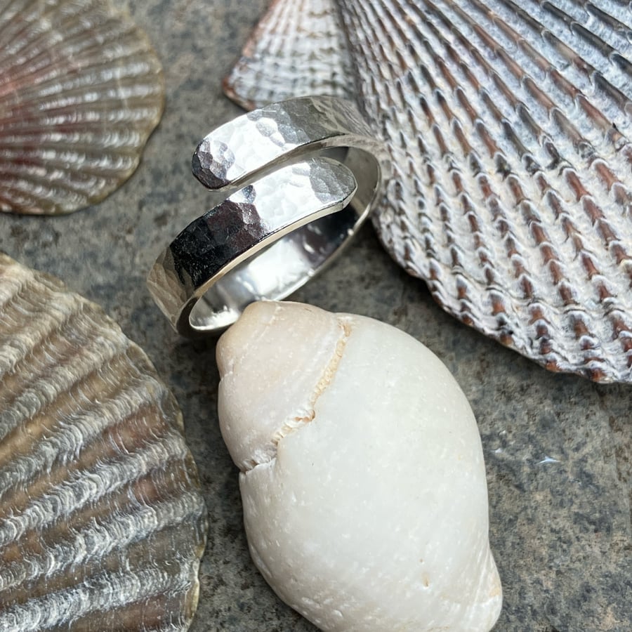 Sterling silver adjustable wrap ring, hammered silver ring.