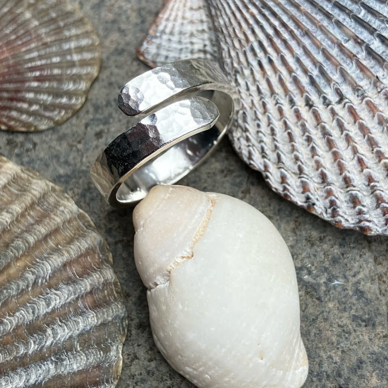 Sterling silver adjustable wrap ring, hammered silver ring.
