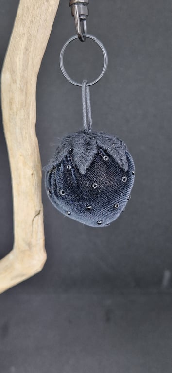 Black velvet Strawberry handbag charm, keyring 