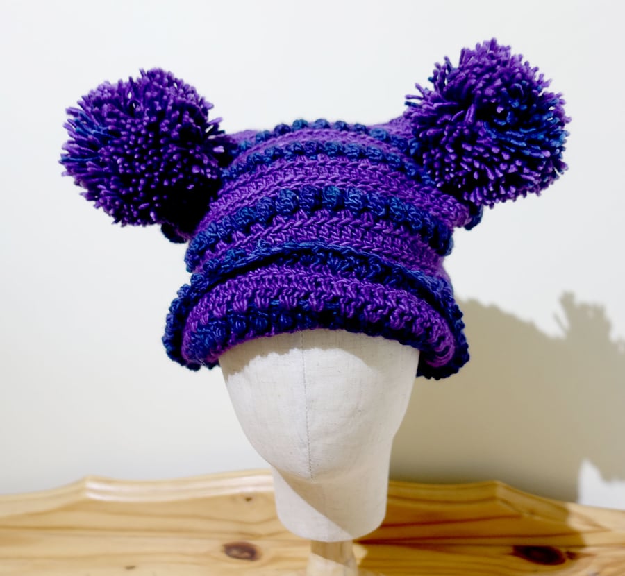 Pom Pom Hand Crochet Purple and Blue Hat Pure Washable Merino Wool