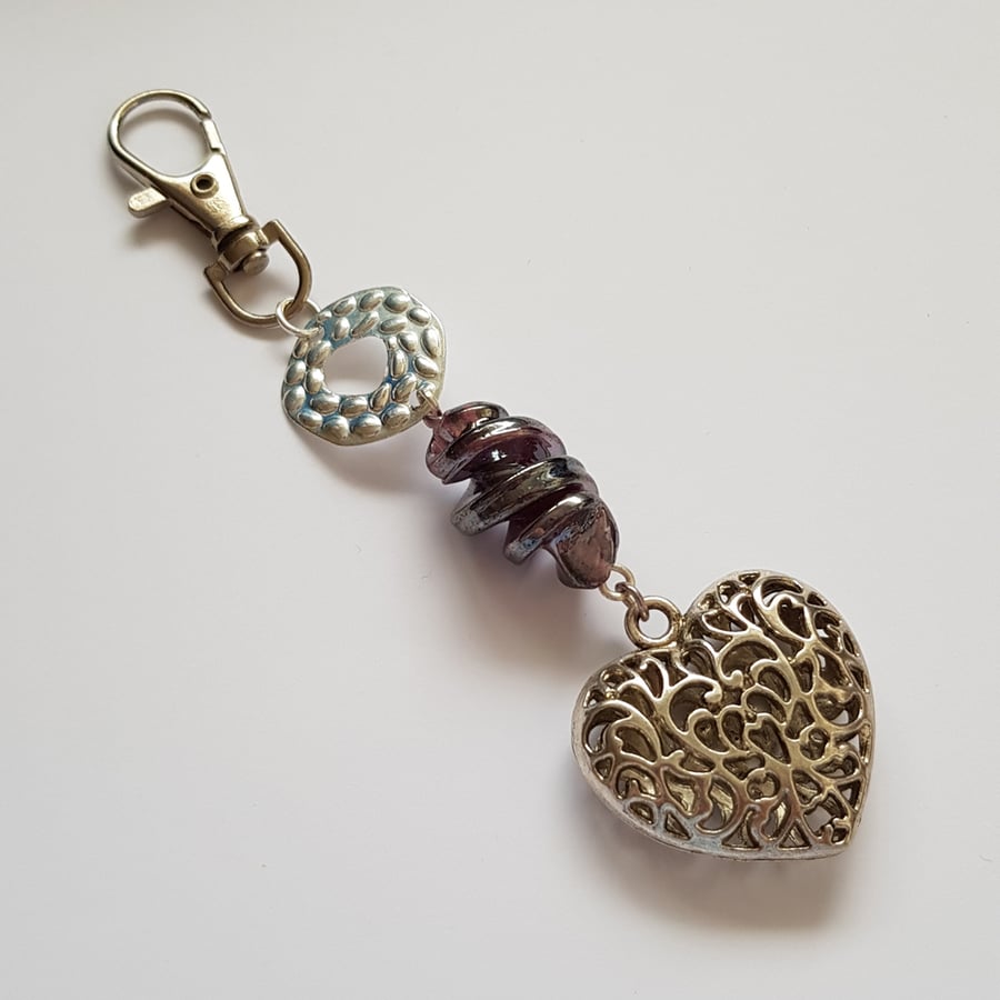 Purple Glass Bead Bag Charm with Ornate Silver Heart