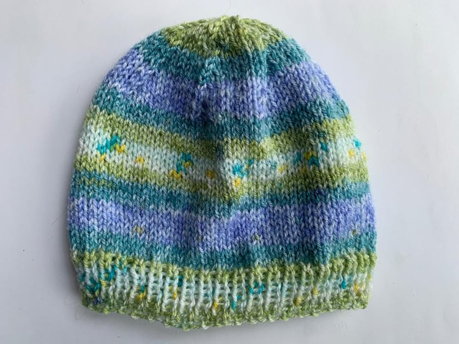 6-12 months hand knitted stripey hat in blues and greens 