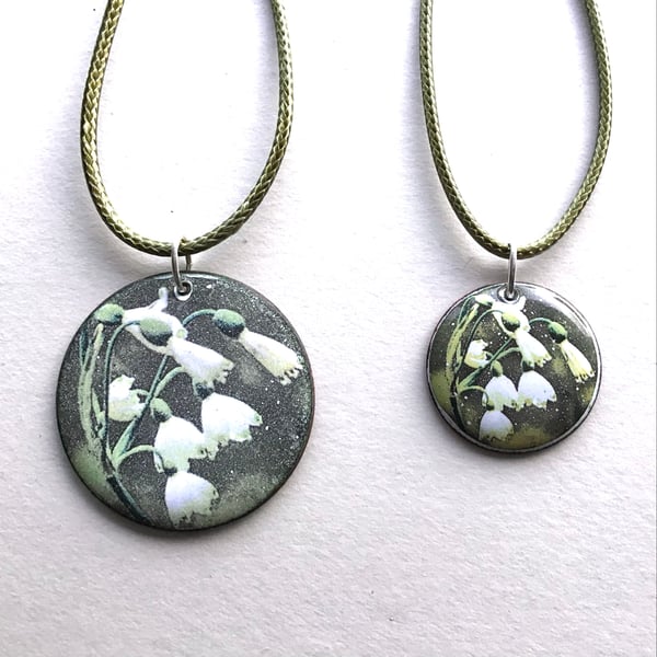 Circular Floral Enamelled Pendant - Snowdrop -  'Perfectly Imperfect'