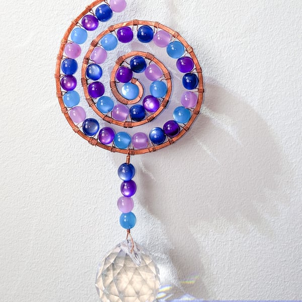 Suncatcher copper wire wrapped spiral shape with purple & blue beads