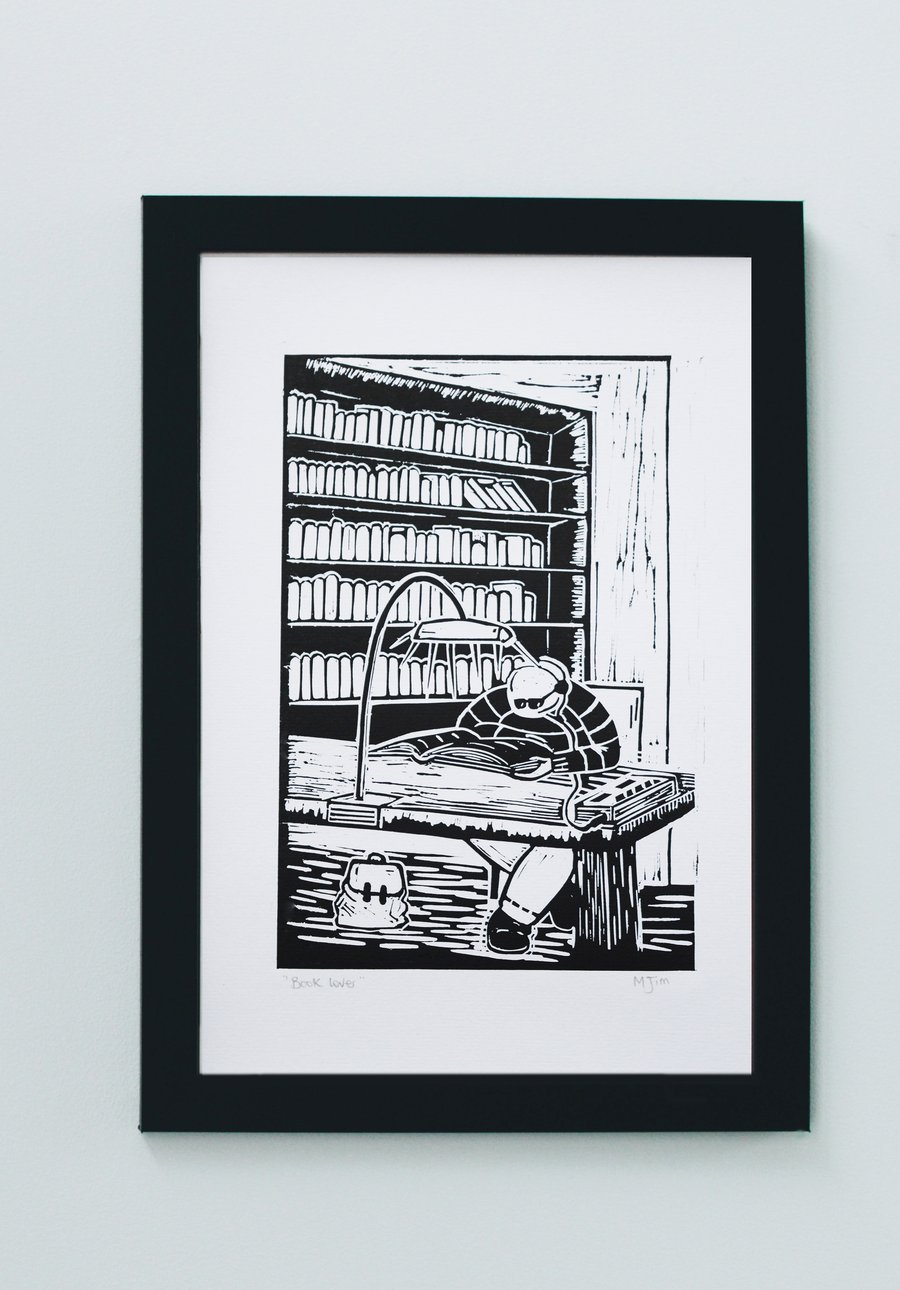 Handprinted Linoprint Books Reading Linocut Unframed Print Original Print