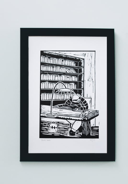 Handprinted Linoprint Books Reading Linocut Unframed Print Original Print