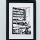 Handprinted Linoprint Books Reading Linocut Unframed Print Original Print
