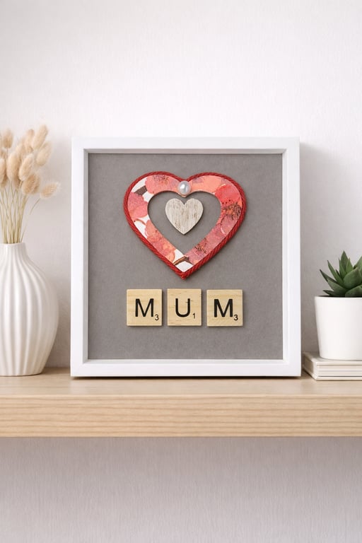 Celebrate a special mum with this handmade framed “MUM” artwork, featuring a lay
