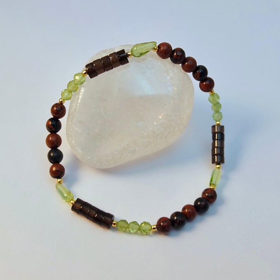 Peridot, Mahogany Obsidian, Smoky Quartz Bracelet, August Birthday, Gift For Leo