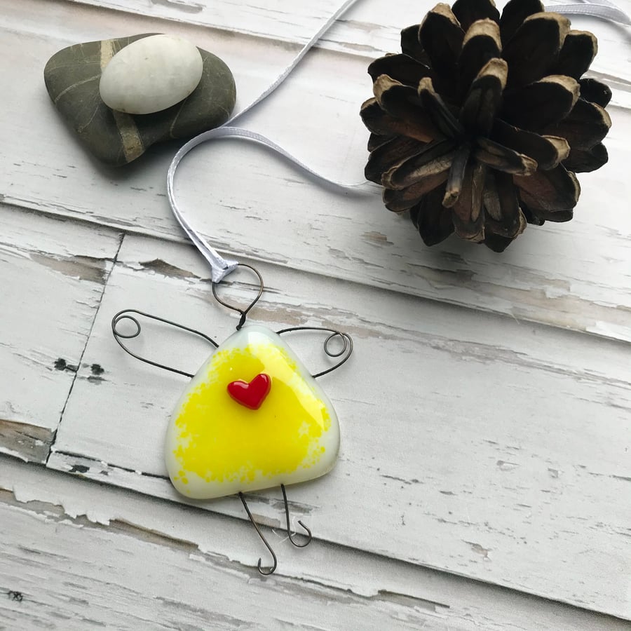 Yellow fused glass fairy, angel, gift for friend, heart