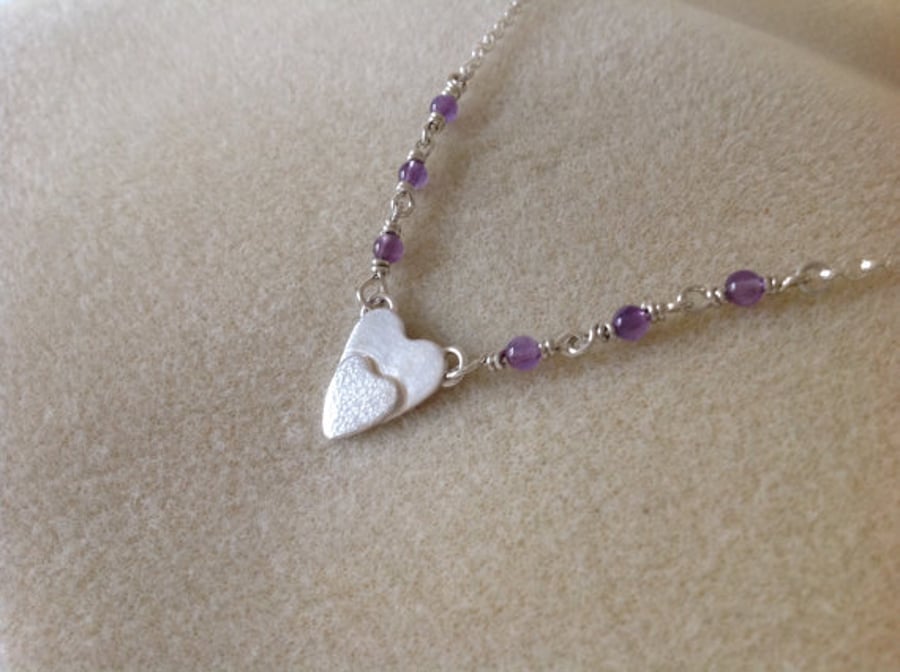 Sterling silver double heart Amethyst pendant necklace "The two of us"