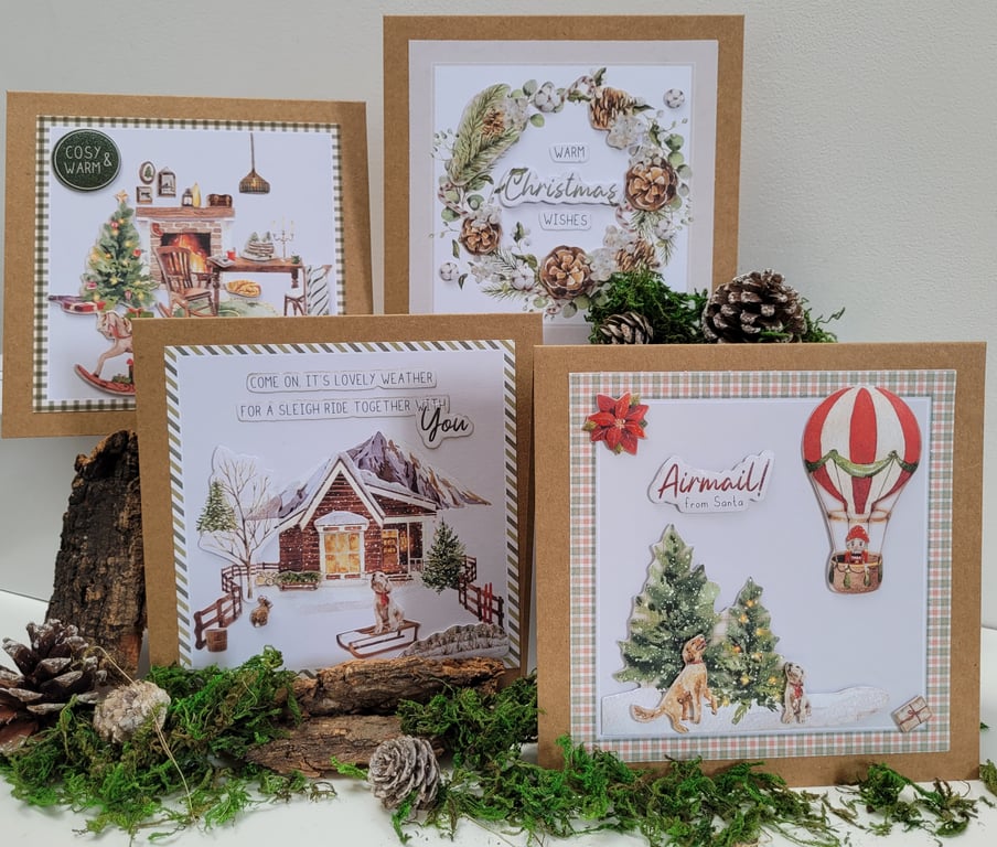 Variety Pack of 4 Rustic Style Christmas Cards - 6 x 6 Kraft Card