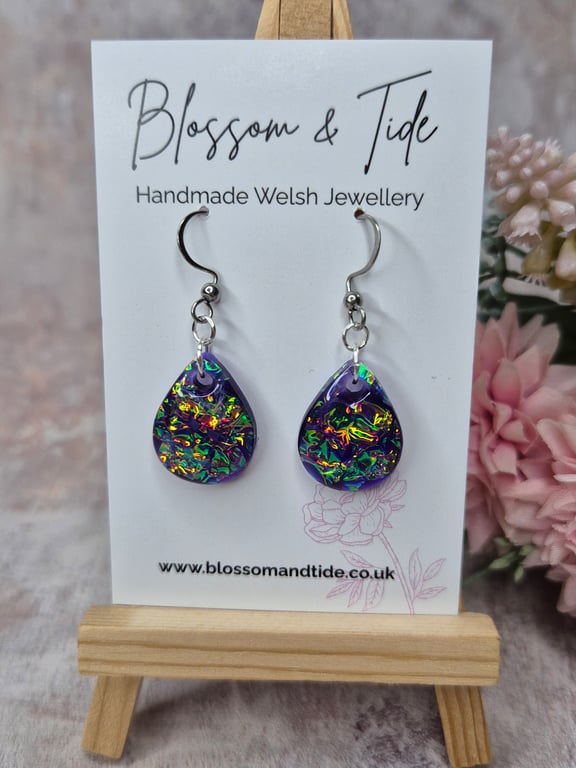Purple Dichroic Resin Teardrop Earrings