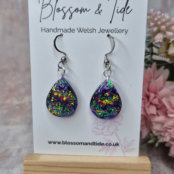 Purple Dichroic Resin Teardrop Earrings