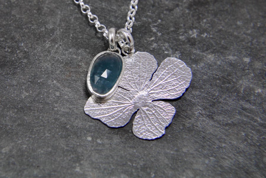 Hydrangea Petal Sterling Silver and Blue Tourmaline Gemstone Necklace Pendant