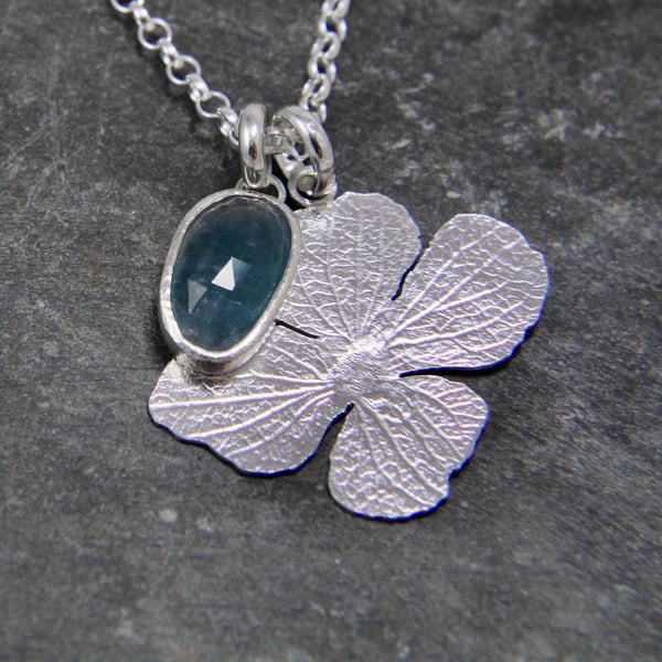 Hydrangea Petal Sterling Silver and Blue Tourmaline Gemstone Necklace Pendant