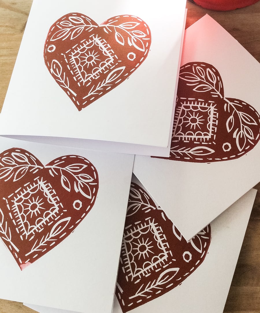 Hand printed Lino Print Christmas Cards. Red hearts. Pack of Four 