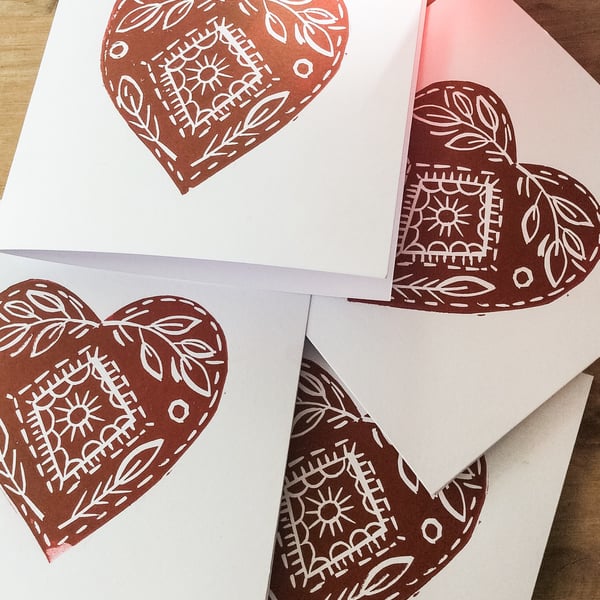 Hand printed Lino Print Christmas Cards. Red hearts. Pack of Four 