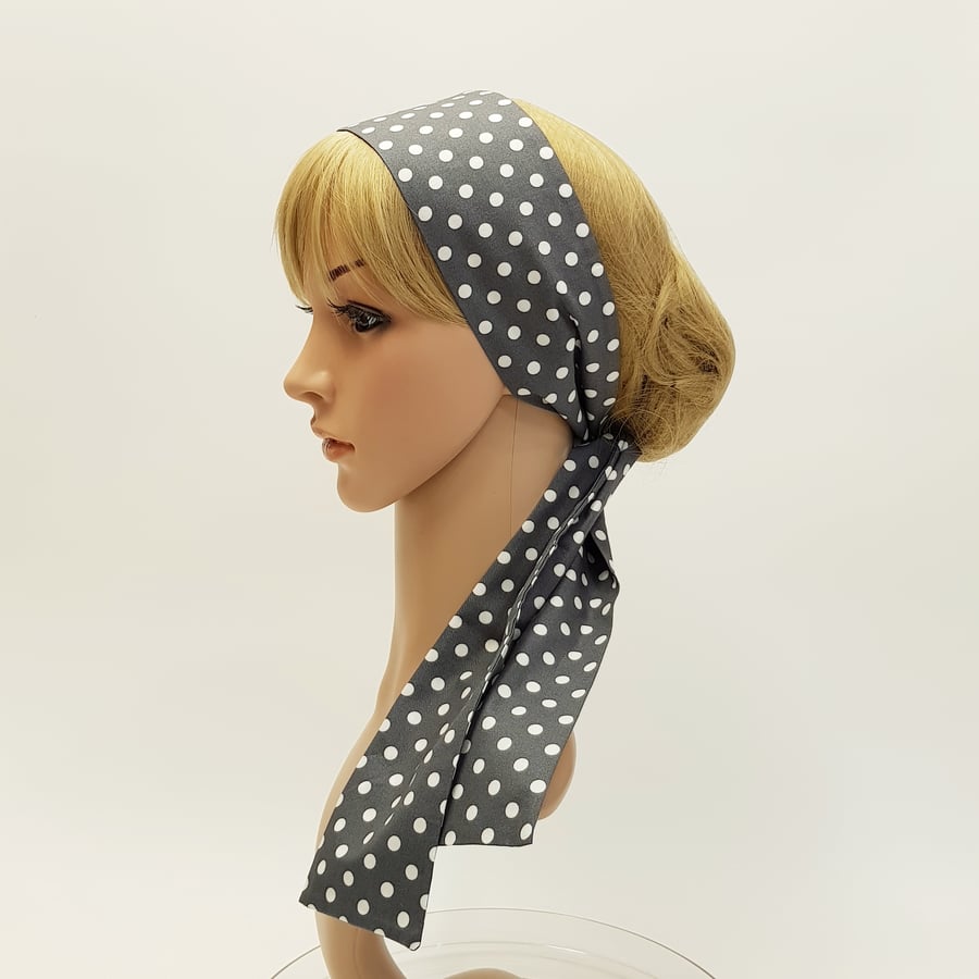 Polka dot long self tie cotton hair scarf, pin up hair band, skinny hair tie