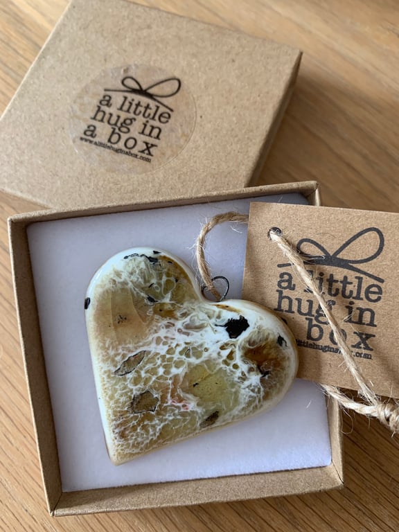  A Little Hug in a Box Hand Made cream and Black Speckled Porcelain Heart  