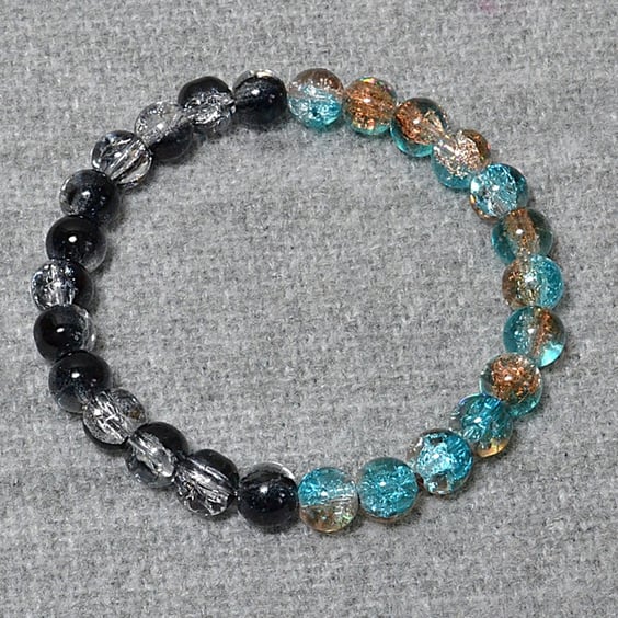 Turquoise-Copper & Black-Clear Crackle Glass Bead Elastic Half and Half Bracelet