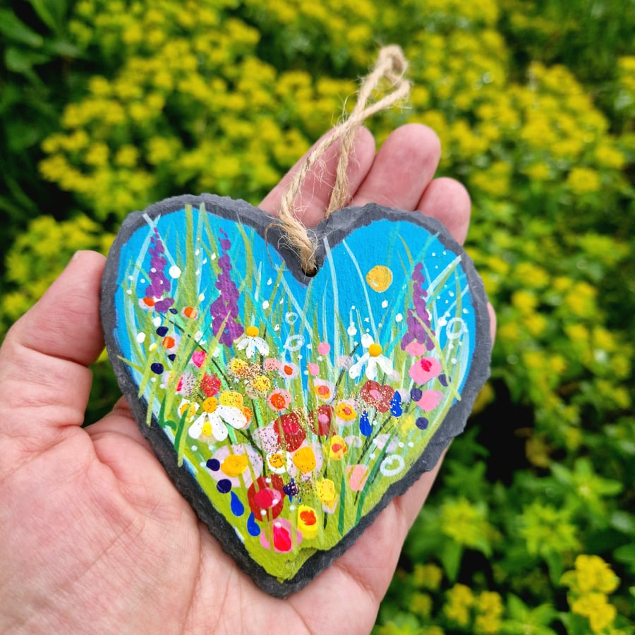 Summer Floral Hand-painted Slate Heart hanger by Jackie Reynolds
