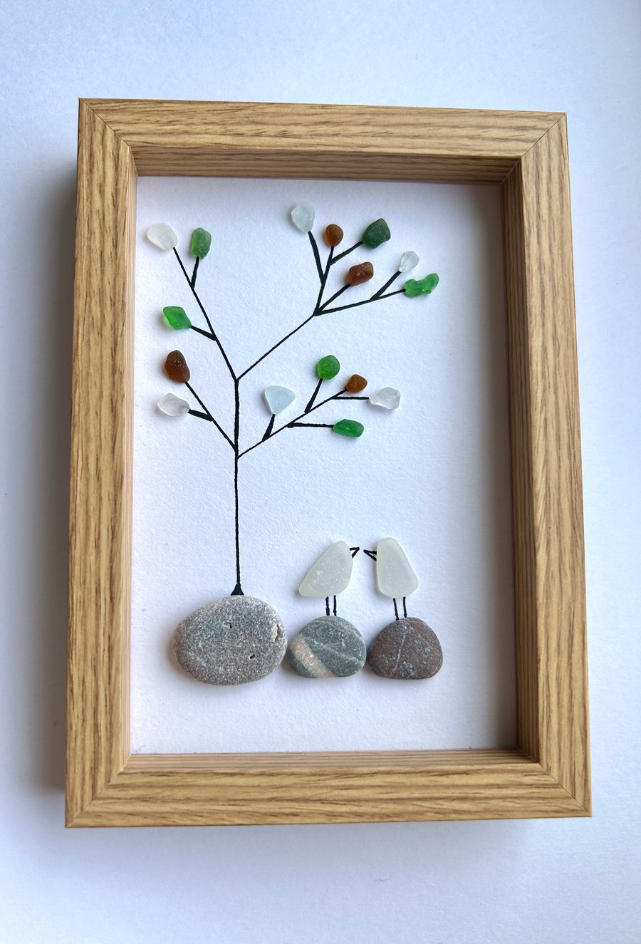 Funny birds, tree, sea glasses art, framed picture, present, gift, handmade 