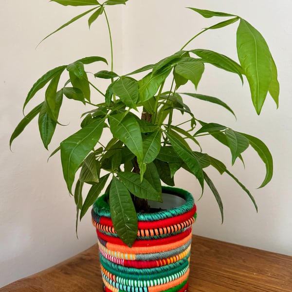 Orange  and greens BoHo  wool yarn planter upcycled yoghurt pot