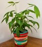 Orange  and greens BoHo  wool yarn planter upcycled yoghurt pot