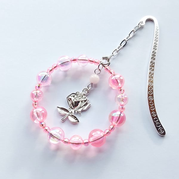 Flower Metal Bookmark Rose Quartz and Rose Charm Pink and Silver Mothers Day