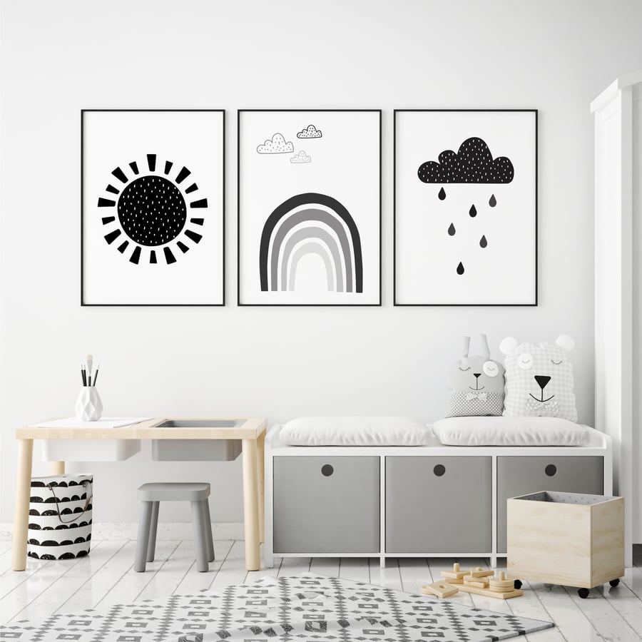 Set of 3 Weather Scandi Nursery Wall Art Prints