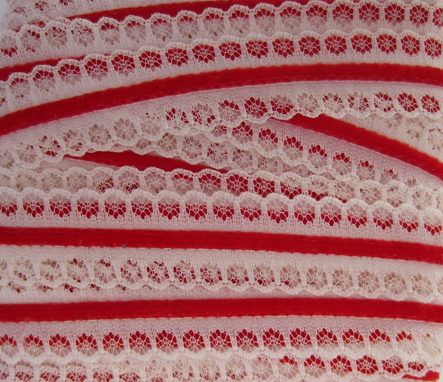 5.5 Metres of Cream Lace and Red Velvet Trim