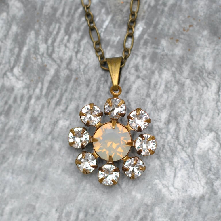 Flower Pendant Necklace Clear Diamond Sans Opal Swarovski Crystal Vintage