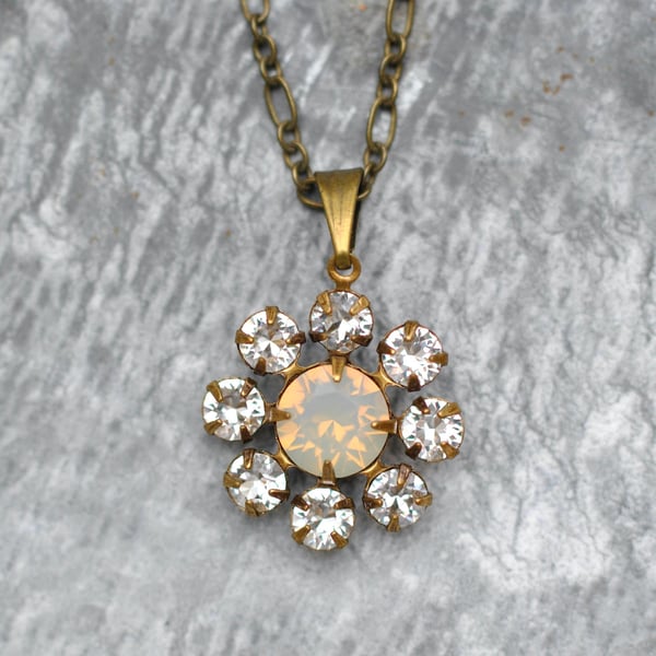 Flower Pendant Necklace Clear Diamond Sans Opal Swarovski Crystal Vintage