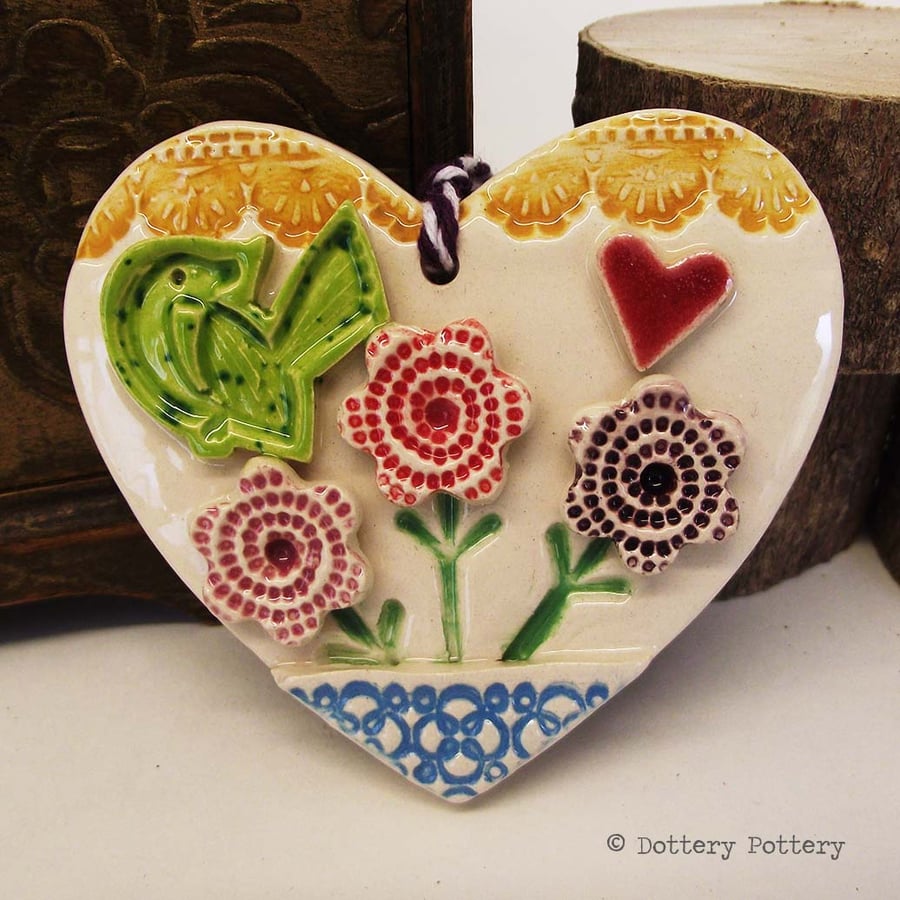 Ceramic heart floral decoration pottery bird, pottery loveheart 