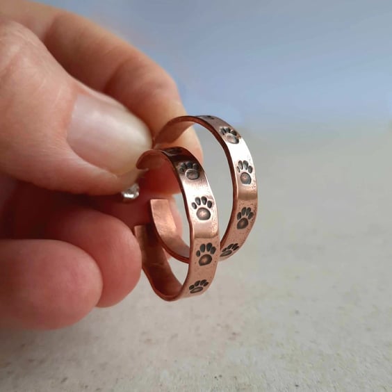 Copper Paw Print Hoop Stud Earrings - Sterling Silver Posts