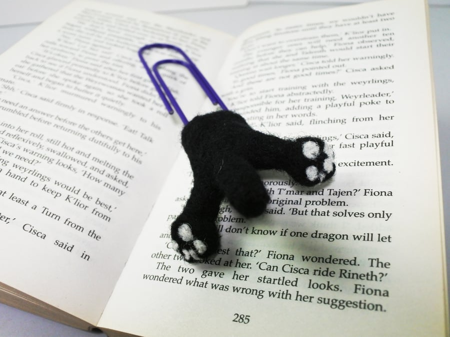 Black Cat Butt Bookmark. Giant Paperclip Needle Felt CatSploot Bookmark