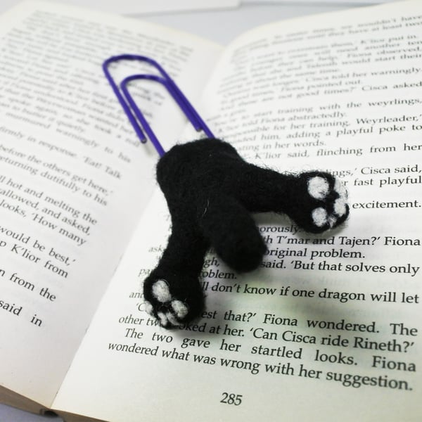 Black Cat Butt Bookmark. Giant Paperclip Needle Felt CatSploot Bookmark