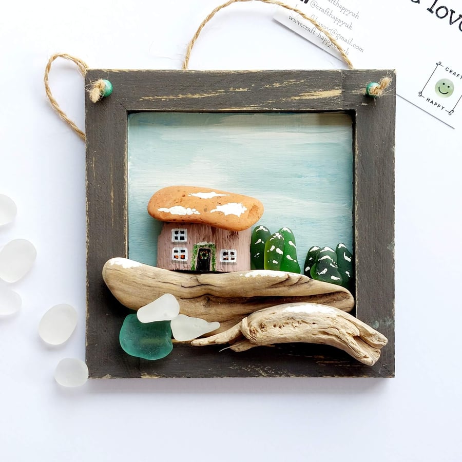 Sea Glass Art Picture, Driftwood, Coastal Wall Hanging, Rustic Wall Art