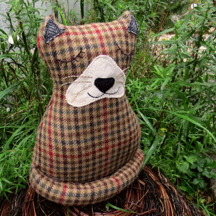Cat Doorstop.  Tweed Cat.  Cat Bookend.