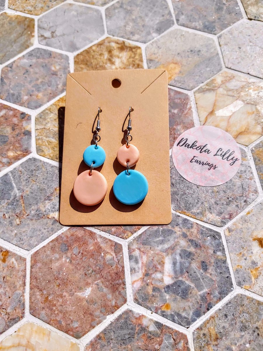 Blue and Peach asymmetrical double drop polymer clay hook earrings