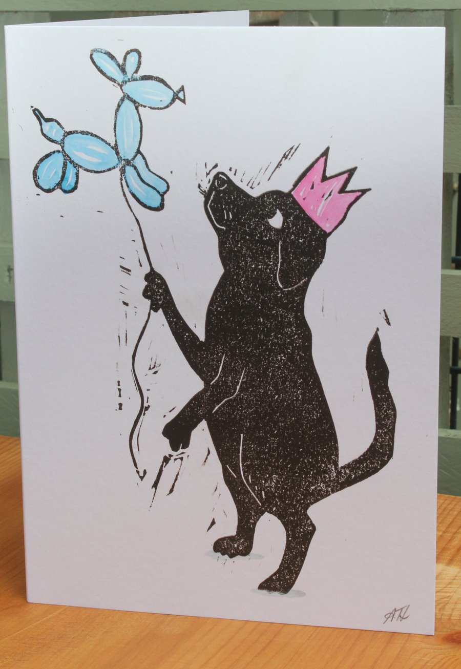 Birthday Balloon Labrador Dog Lino-Cut Handprinted Card 